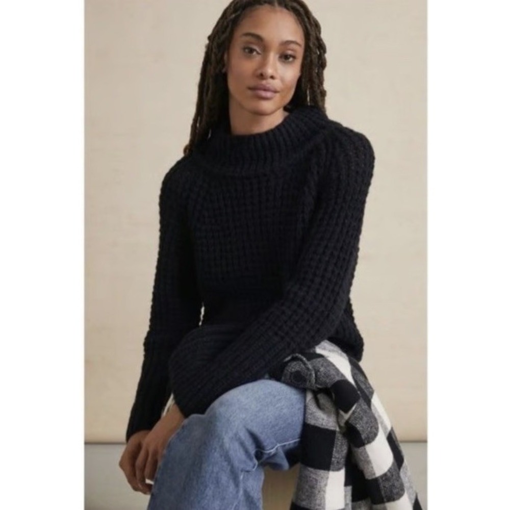 Anthropologie Turtleneck Mock Black Sweater Ribbed Chunky Knit Small